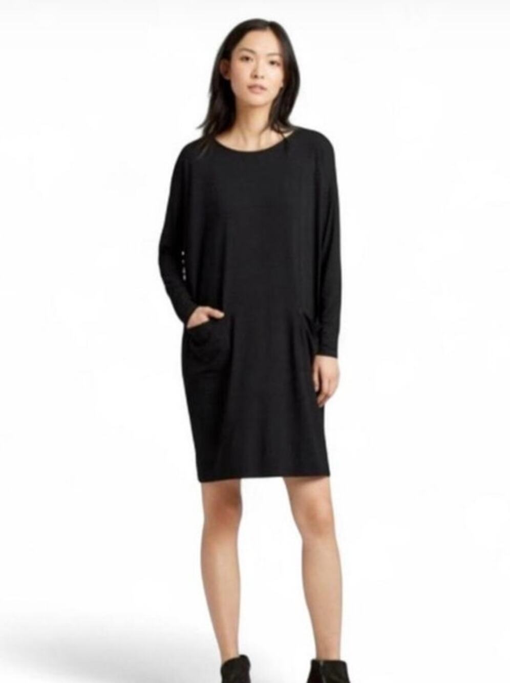 Eileen Fisher Black Jersey Pocket Dress Minimalist Lagenlook Medium
